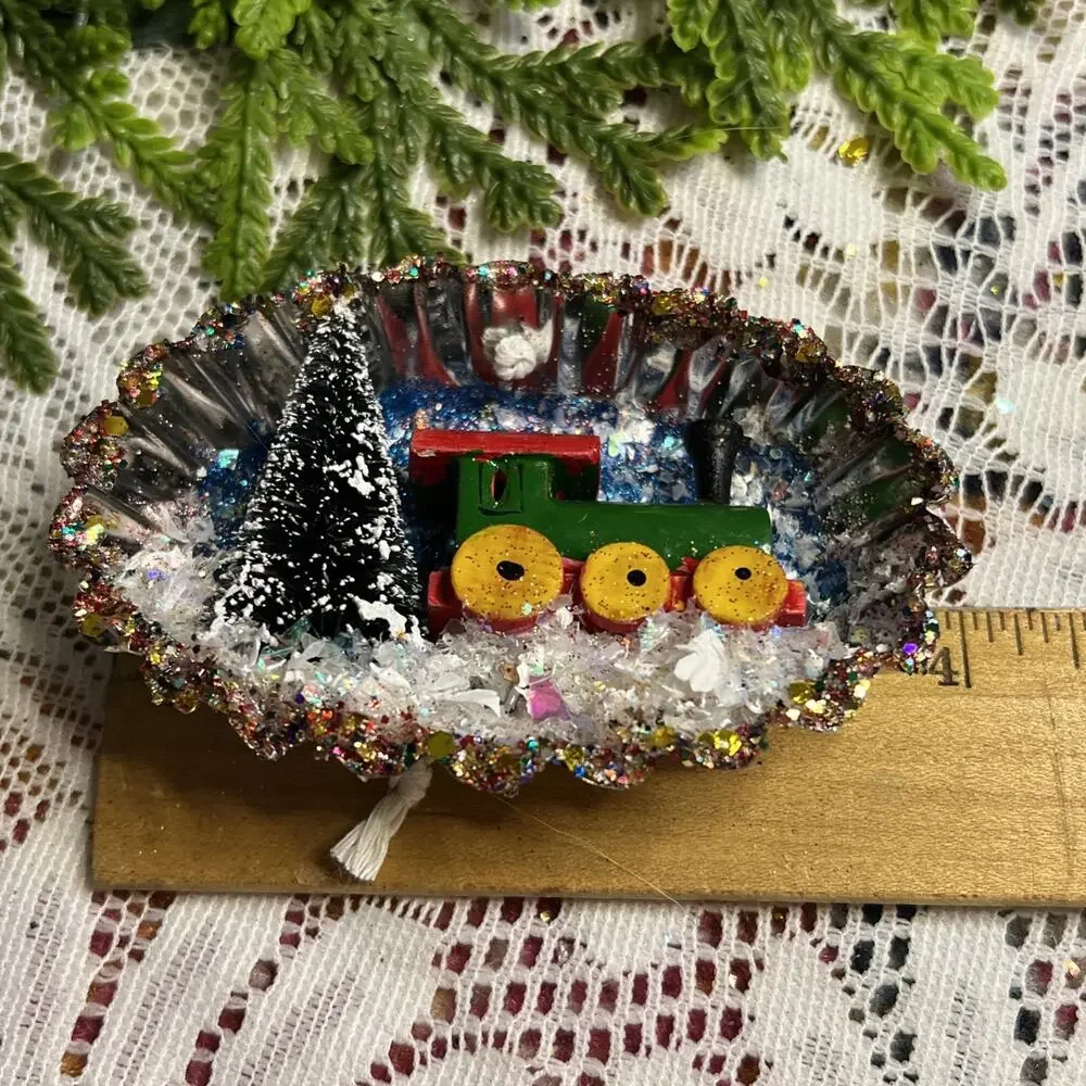 Vintage Oval Tart Tin Train Tree Diorama Mid Century Style Glitter Ornament